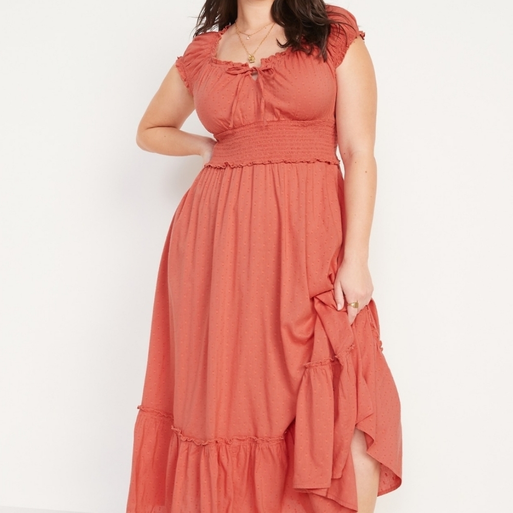 Old Navy Waist-Defined Puff-Sleeve Clip Dot Midi Dress